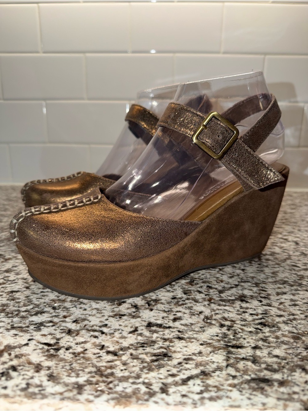 Antelope Bronze Metallic Leather Platform Wedge Sandals EU 37 US 6.5 Style 869